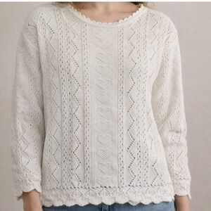 Paris Sport Club Vintage Heart Pointelle Knit Scalloped Sweater Cream‎ Womens M